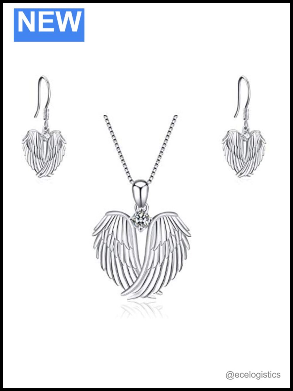 925 Sterling Silver Angel Wings Jewelry Set Necklace Earrings Cubic Zirconia
